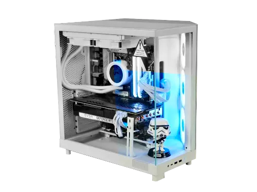 Photo of a white gaming computer with blue LED lights.